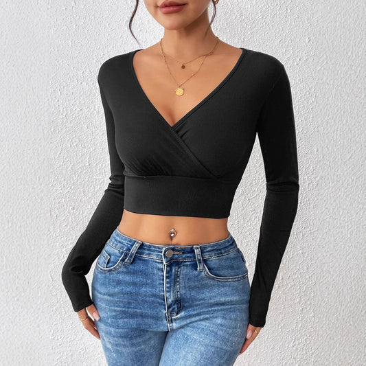 Cross V-neck Cropped Top Slim Fit Slimming Sweater