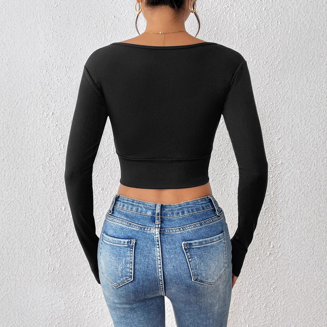 Cross V-neck Cropped Top Slim Fit Slimming Sweater