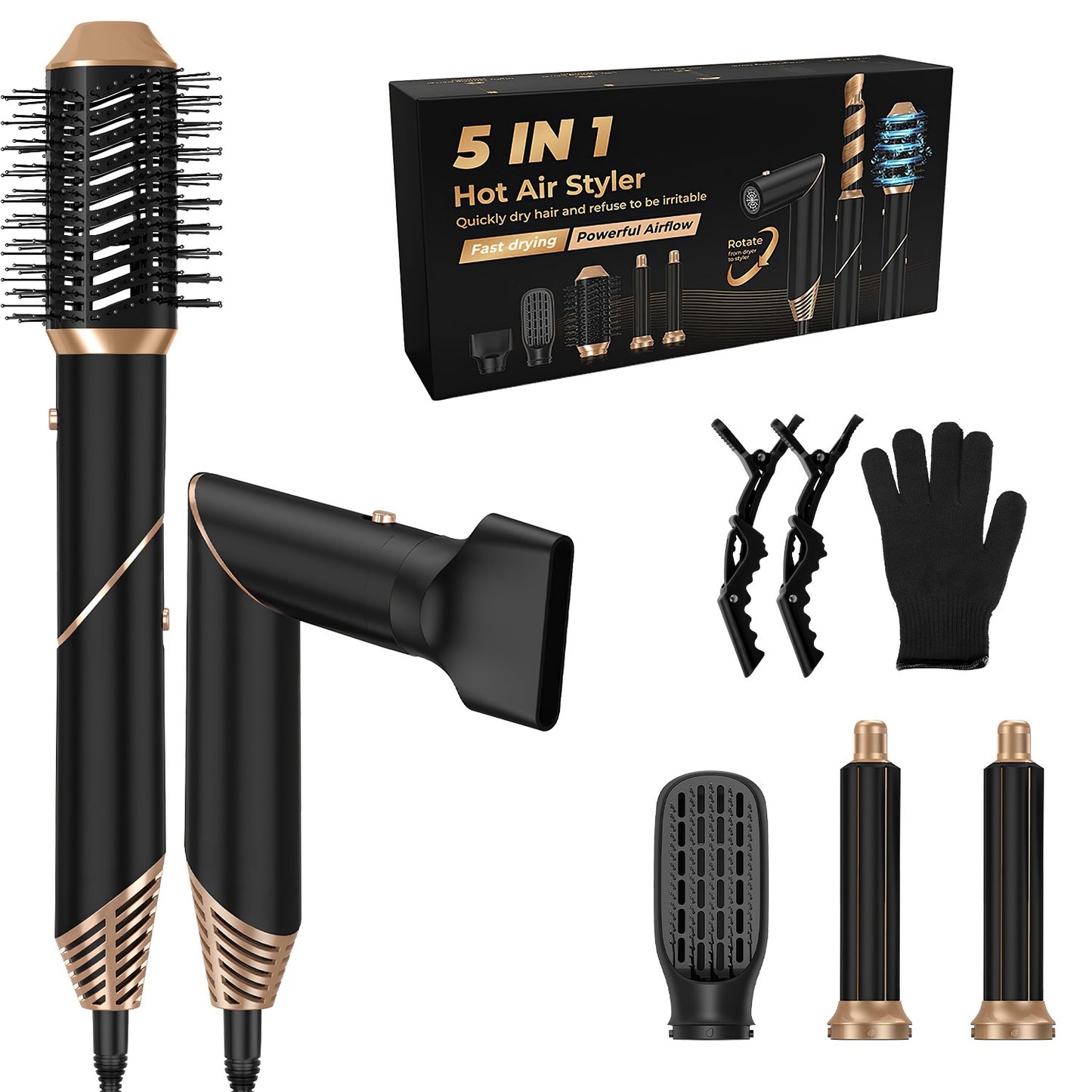 1Pc 5 In 1 Hot Air Styler Straightener Curler Dryer Automatic Wrap Styler Hair Dryer Brush Set With 3 Temp Settings ALCI Plug Glove Cable Tie 2 Alligator Hair Clips