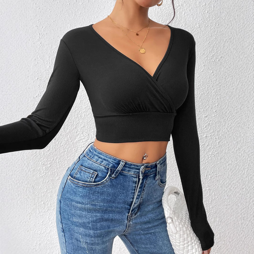 Cross V-neck Cropped Top Slim Fit Slimming Sweater