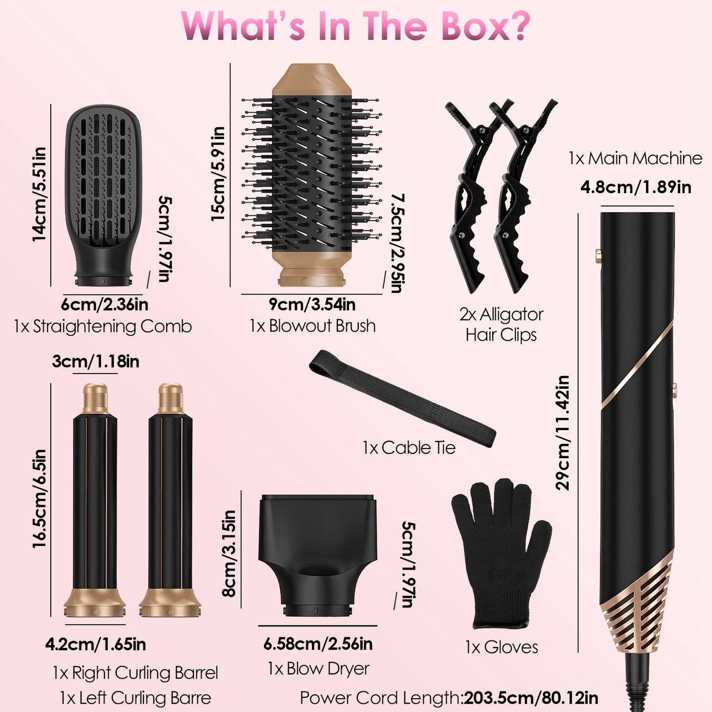 1Pc 5 In 1 Hot Air Styler Straightener Curler Dryer Automatic Wrap Styler Hair Dryer Brush Set With 3 Temp Settings ALCI Plug Glove Cable Tie 2 Alligator Hair Clips