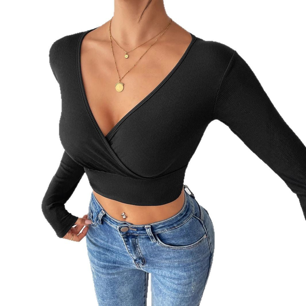 Cross V-neck Cropped Top Slim Fit Slimming Sweater