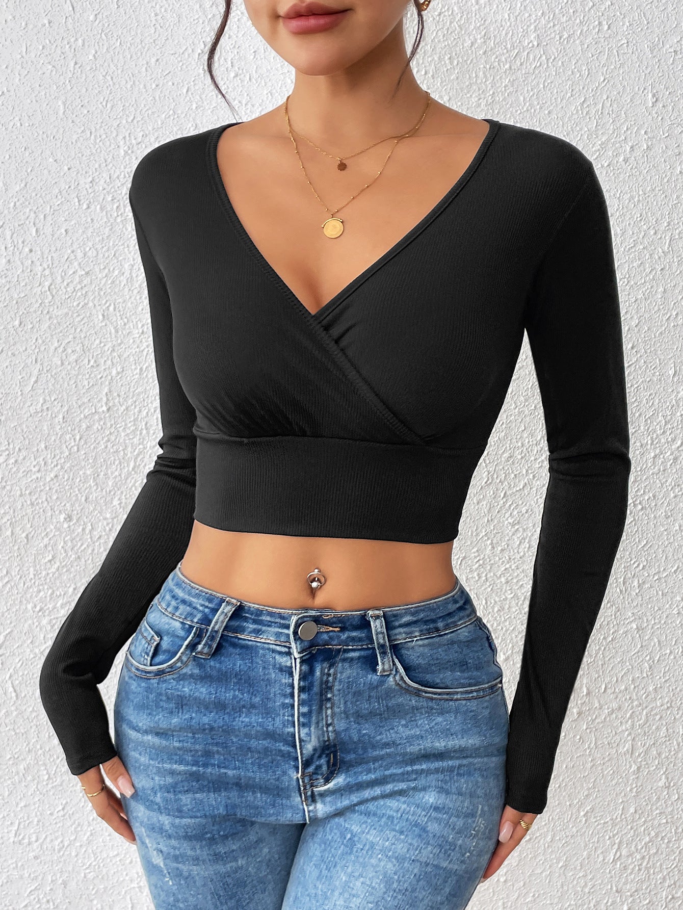 Cross V-neck Cropped Top Slim Fit Slimming Sweater